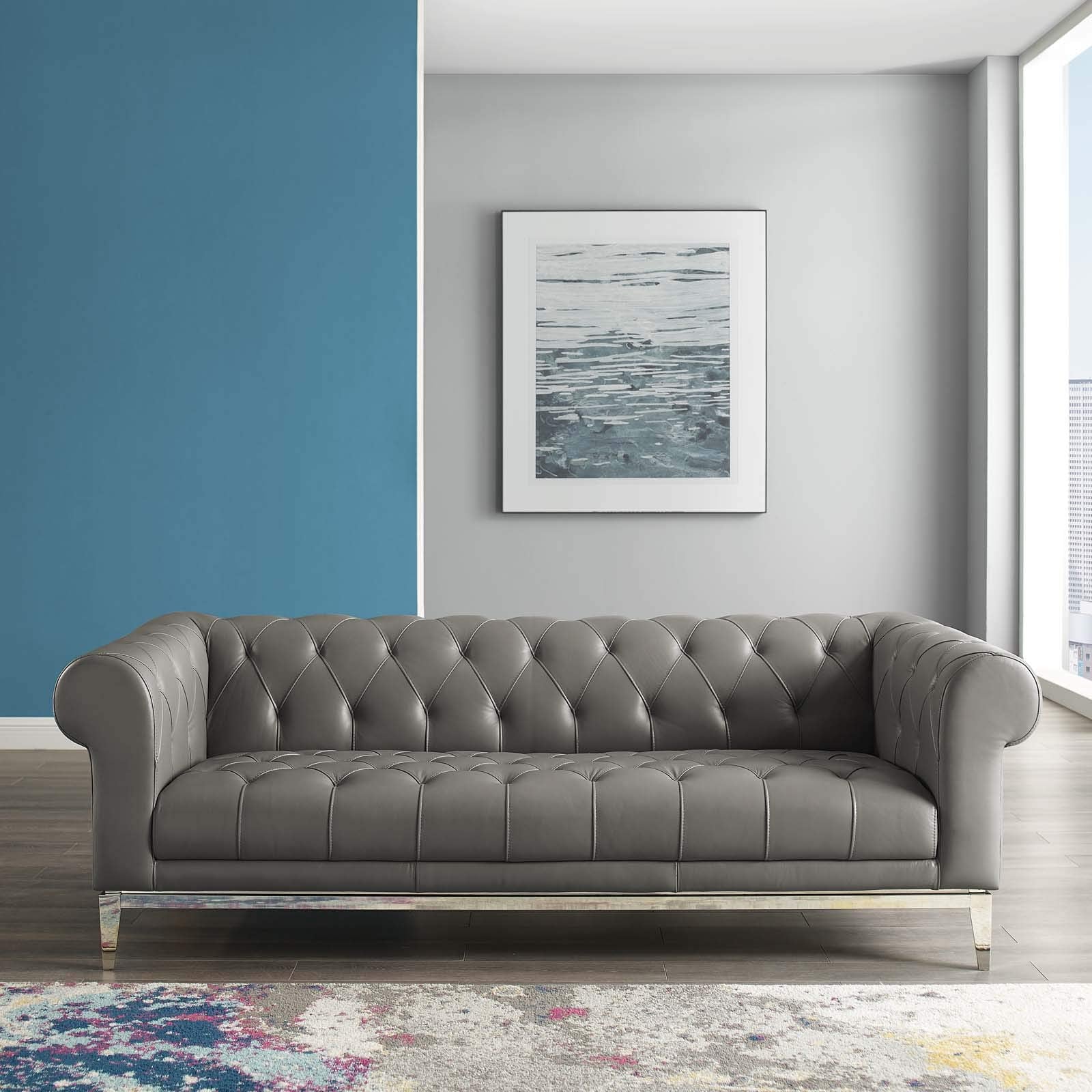 Modway Idyll Tufted Button Upholstered Leather Chesterfield Sofa, Gray